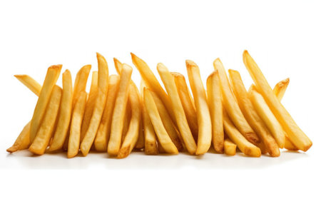 Golden French fries potatoes on white background. Fast food. Isolated.の素材