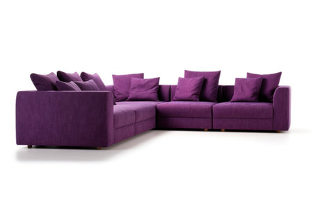Purple sofa with pillows isolated on white background. 3d renderの素材