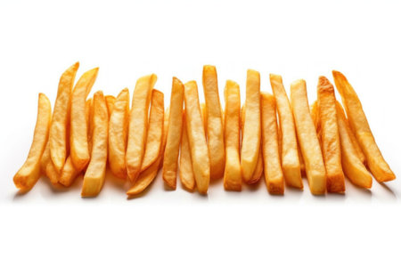 French fries isolated on white background. Top view. Flat lay.の素材