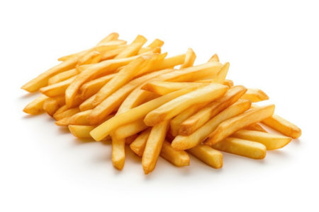 Golden French fries potatoes isolated on white background cutout. Fast food.の素材