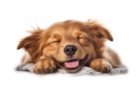 Cute golden retriever puppy lying down on a white background.の素材