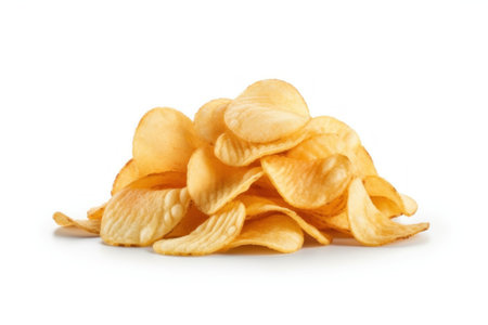 Potato chips isolated on white background. Snack and junk foodの素材