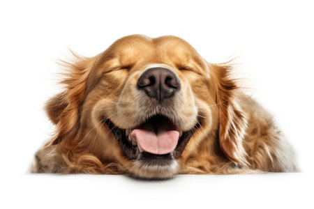 Cute Golden Retriever lying and yawning, isolated on whiteの素材