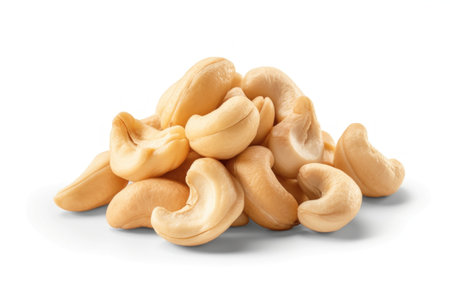 Heap of tasty cashew nuts on white background, closeupの素材