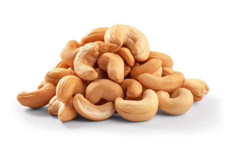 Heap of tasty cashew nuts on white background, closeupの素材
