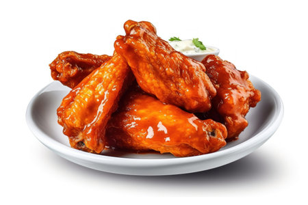 baked chicken wings in a plate with sour cream isolated on white backgroundの素材