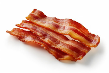 Slices of bacon isolated on white background, top view.の素材