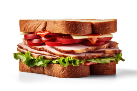 Sandwich with ham, tomato and lettuce isolated on white background.の素材
