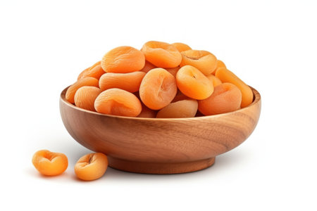 Dried apricots in wooden bowl isolated on white background.の素材