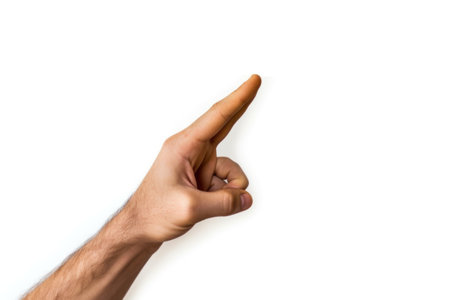 Male hand pointing at something on a white background with copy space.の素材