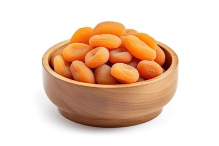 Dried apricots in a wooden bowl isolated on white backgroundの素材