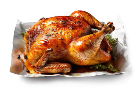 Roasted whole chicken with rosemary and dill isolated on white backgroundの素材