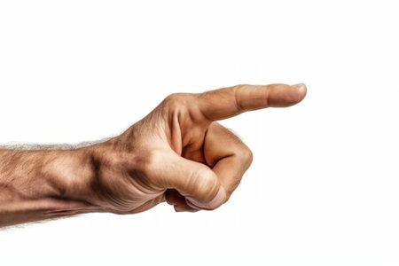 Man's hand pointing to the side, isolated on white background.の素材