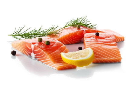 Fresh raw salmon fillet with dill and lemon on white backgroundの素材