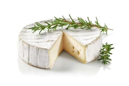 Camembert cheese with rosemary and thyme on white backgroundの素材