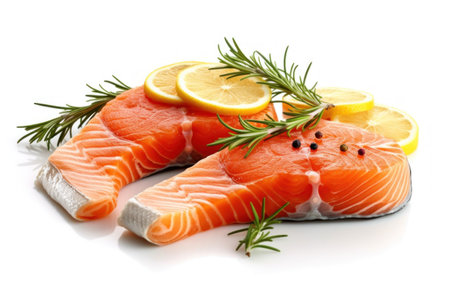 Fresh salmon fillet with lemon and rosemary isolated on white backgroundの素材