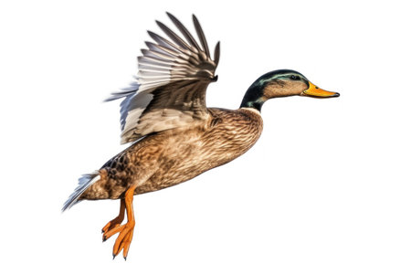 Mallard Duck Flying in the Air Isolated on White Backgroundの素材