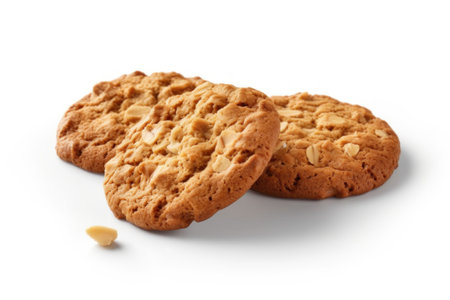 Delicious oatmeal cookies with nuts on white background, closeupの素材