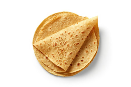 Stack of tasty corn tortillas on white background, top view. Space for textの素材