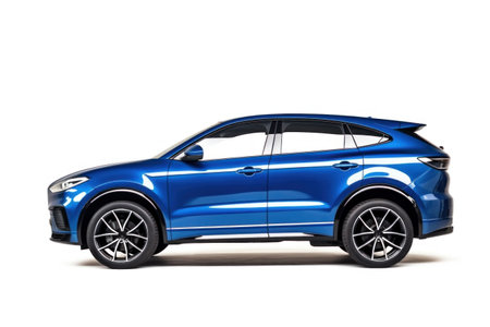 Modern car blue on a white background with a shadow on the groundの素材