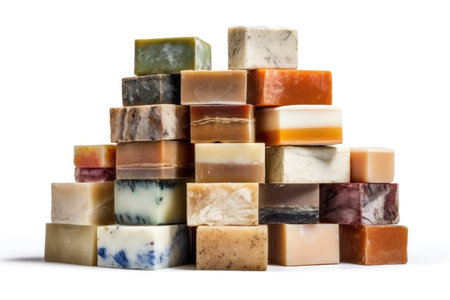Handmade soap bars isolated on a white background. Selective focus.の素材