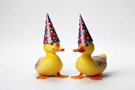 Two rubber ducks in a party hat on a white background close upの素材