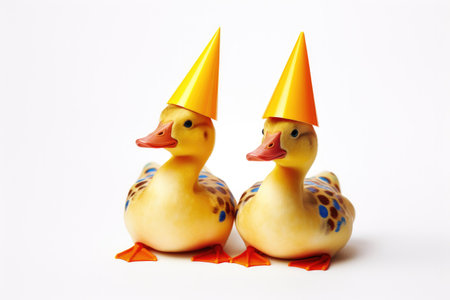 Two rubber ducks with a birthday cap isolated on a white background.の素材