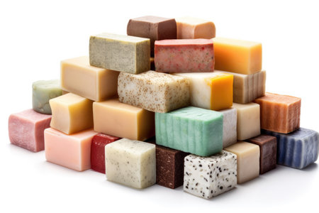 Assortment of soap bars isolated on white background. Shallow dof.の素材