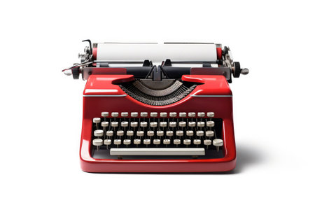 Red typewriter isolated on a white background. 3d illustration.の素材