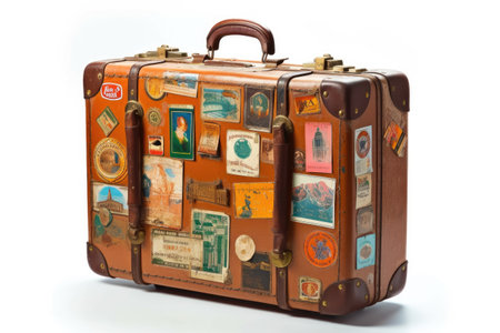 Vintage suitcase isolated on white background, travel and vacation concept.の素材