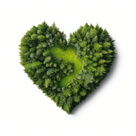 Heart shape made of green trees on white background. 3D renderingの素材