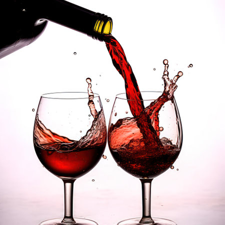 Pouring red wine into a glass, isolated on white background.の素材