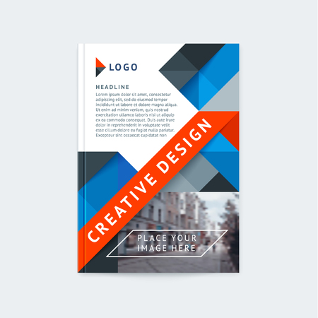 Brochure template layout, cover design annual report, magazine with red, blue, gray and gray polygonal squares with space for photo and text. Vector illustration of a modern flat style.のイラスト素材