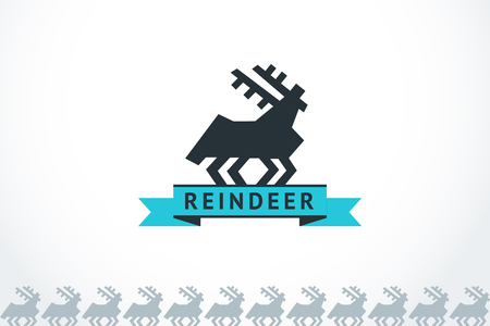 Vector logo stylized northern geometric reindeer with blue ribbon under the textのイラスト素材