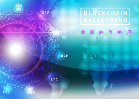 Abstract background on the theme of blockade and crypto currency in blue and purple colors for the design of banners, websites, magazines, booklets.のイラスト素材