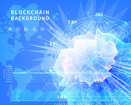 Abstract background on the theme of blockade and crypto currency in blue and purple colors for the design of banners, websites, magazines, booklets.のイラスト素材