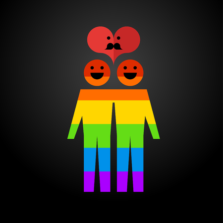 Icon rainbow gay family hugging and smiling, and above them the heart of a mustache on a dark background. Vector illustration of a modern flat style design for printing and web.のイラスト素材