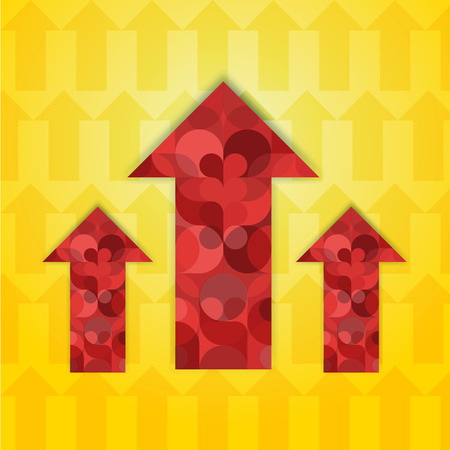 Three red patterned multi-colored arrows pointer up with a shadow on a yellow background in a modern flat style. Vector illustration.のイラスト素材