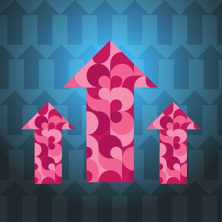 Three purple patterned multi-colored arrows pointer up with the shadow on a dark blue background in a modern flat style. Vector illustration.のイラスト素材