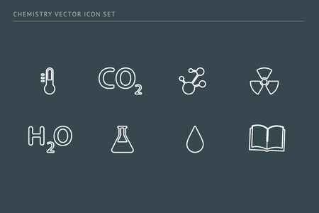 A set of outline vector icons on a theme school education. Subject chemistry. Bulb, formulas, test tubes, radiation, drop, book.のイラスト素材
