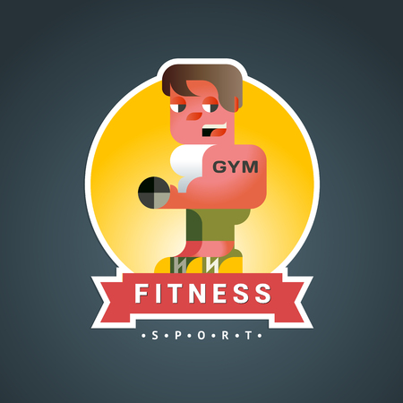 Fitness Round Sticker vector in sovermennom flat geometric style with a ribbon. A man with a dumbbell on a dark background. Template for business cards, covers, posters.のイラスト素材