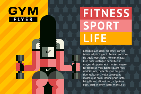 Template A4 horizontal vector for covers, posters. Fitness, sport, life. Girl with dumbbells Rear view of the hands in the gym in a modern flat geometric style on the abstract background.のイラスト素材