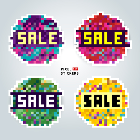 A set of multicolored pixel sale stickers with a place under the text. Background mosaic, for advertising, banners, brochures, booklets, shop windows.のイラスト素材