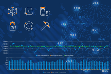 Blockchain vector illustration background with icons, graphs and diagram on a world map background. Crypto currency. Bitcoin, etherium, dash, litecoin, zcash, monero, vertcoin, neo.のイラスト素材