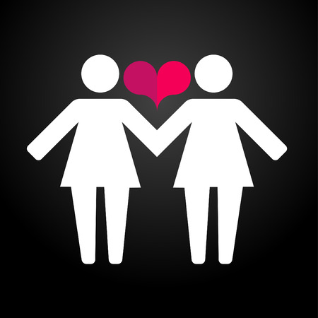 Pictograms of lesbian women holding hands on a background and hearts. Vector illustration in a modern flat style, for registration of polygraphy, sites.のイラスト素材