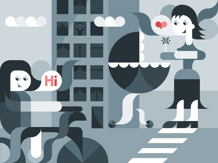 City landscape. Mom with a stroller and a bicycle. Vector illustration in a modern geometric style.のイラスト素材