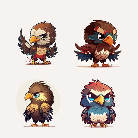 Set of cute cartoon eagle with different facial expressions. Vector illustration.のイラスト素材