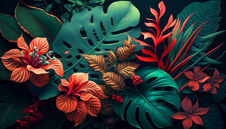 Tropical background with exotic flowers and leaves.の写真素材