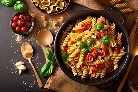Fusilli pasta with cherry tomatoes, basil and parmesan cheese. Italian cuisine.の写真素材