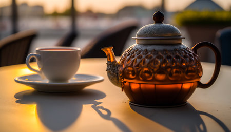 Cup of tea and teapot on a table in a cafeの写真素材